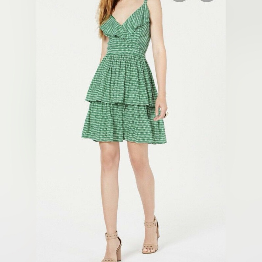 Bar III Green & White Printed Ruffled Tiered Mini Dress Size 6